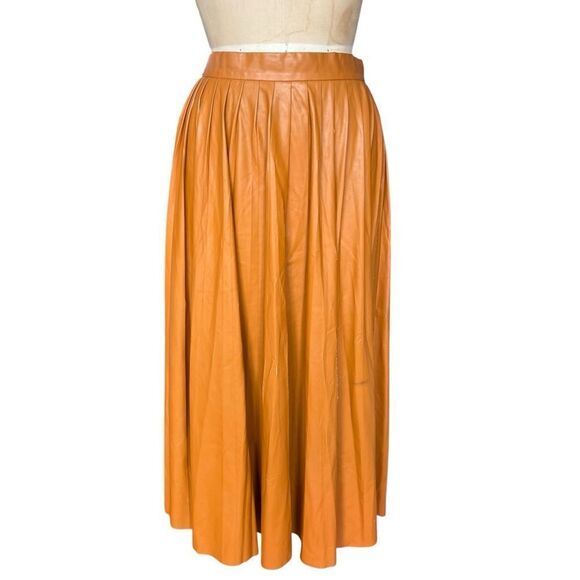 Zahav Vintage-Style Pleated Leather Skirt - Caramel Size M - Picture 1 of 8